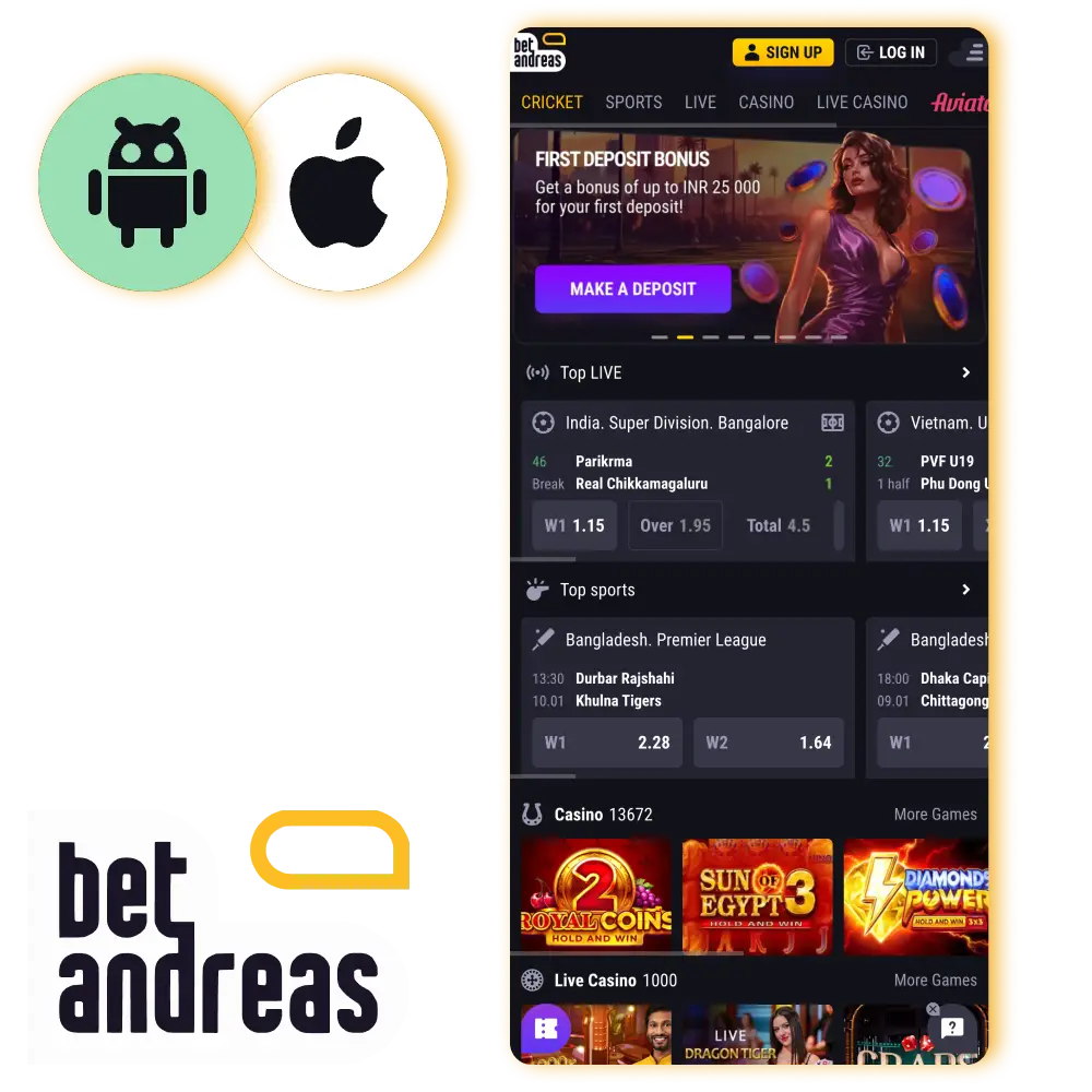 BetAndreas app available on Android and iOS for real-time betting and gaming.