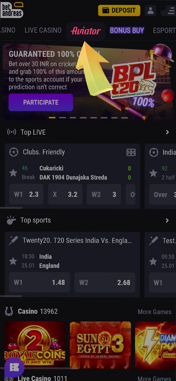 Open the Aviator game through the BetAndreas platform menu.