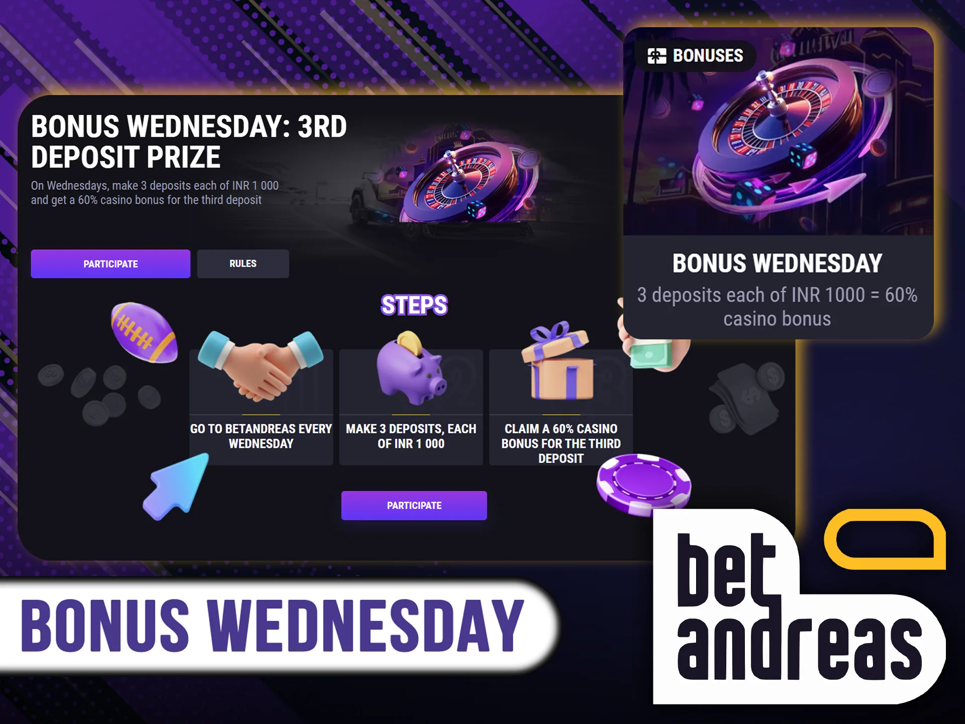 Every Wednesday you have the chance to get a nice bonus on your third deposit for casino games at BetAndreas.