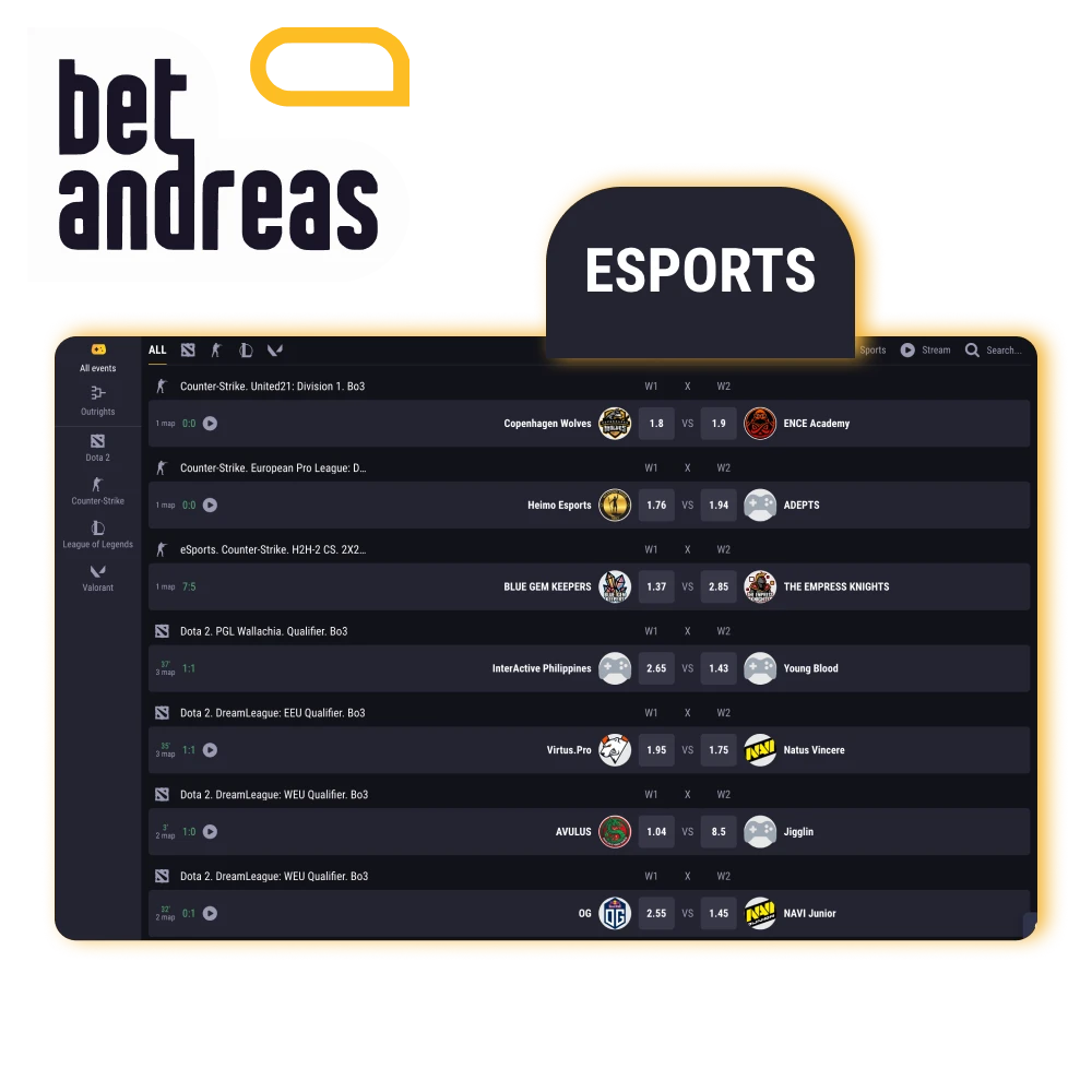 BetAndreas offers betting on a variety of ESports games.