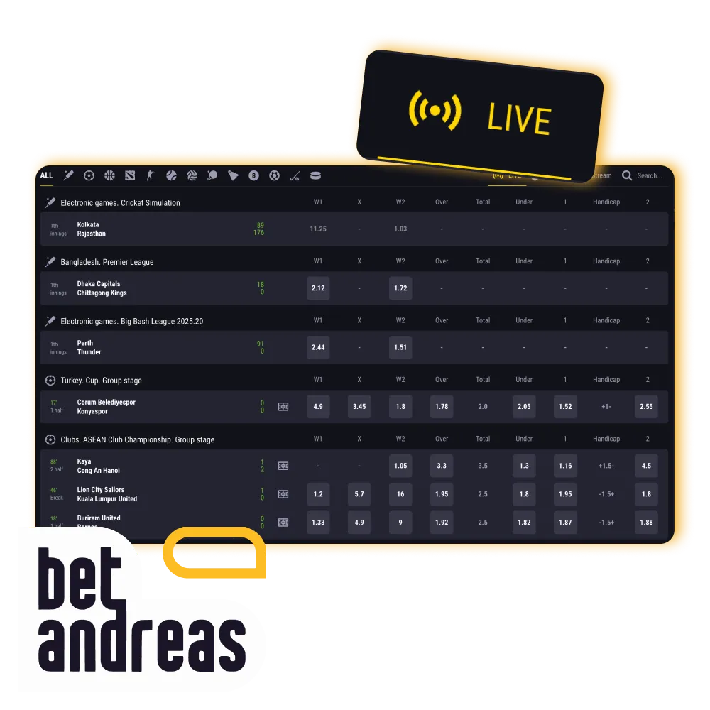 BetAndreas offers live betting for online bets.