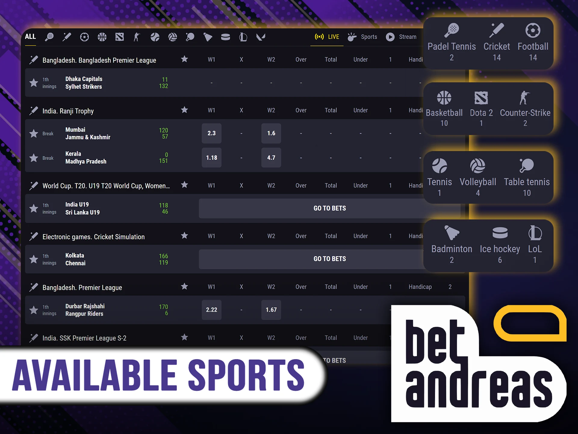 A huge number of sports matches and tournaments await you at BetAndreas.