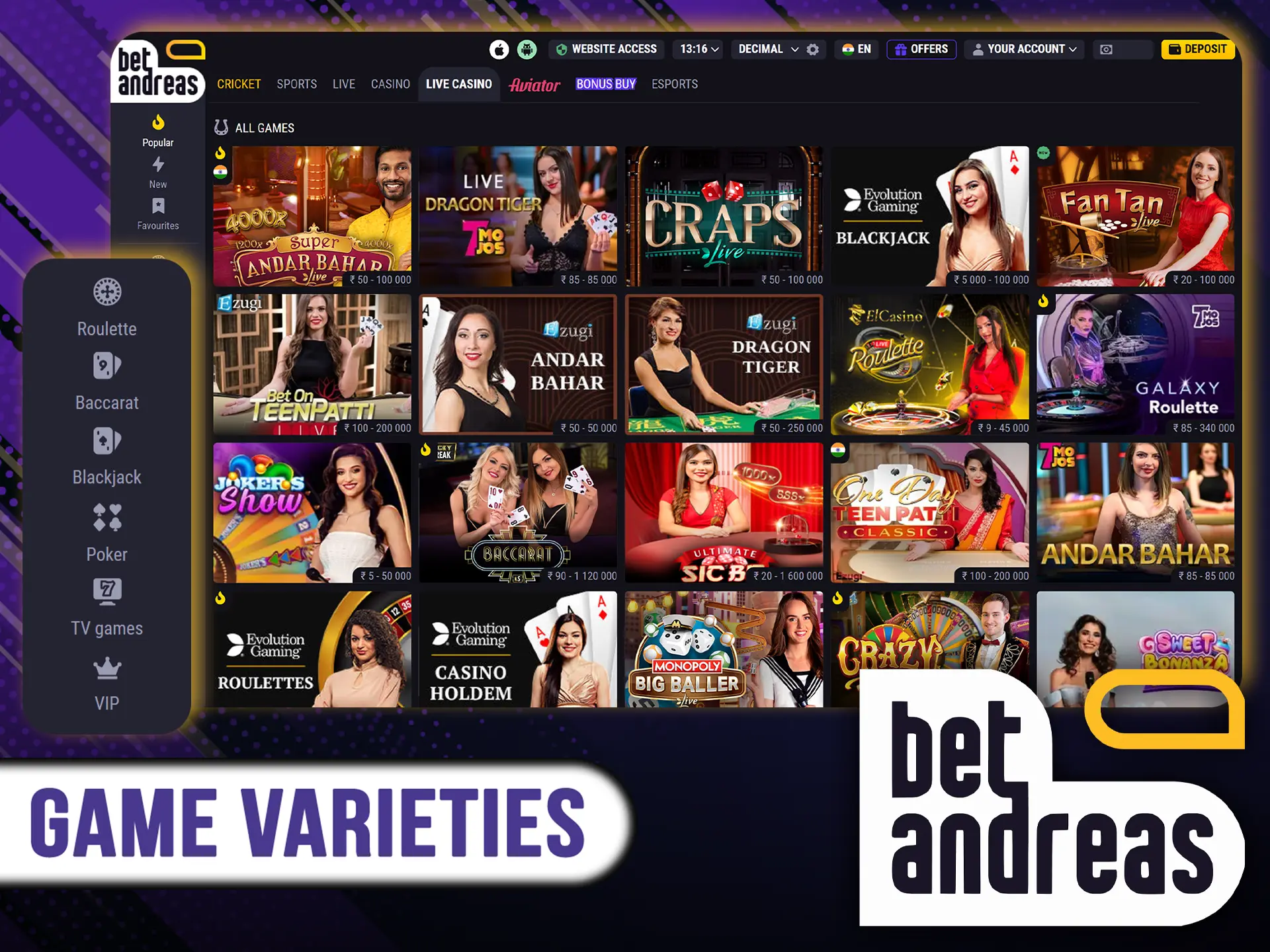 Try playing all the games from the BetAndreas live casino section.