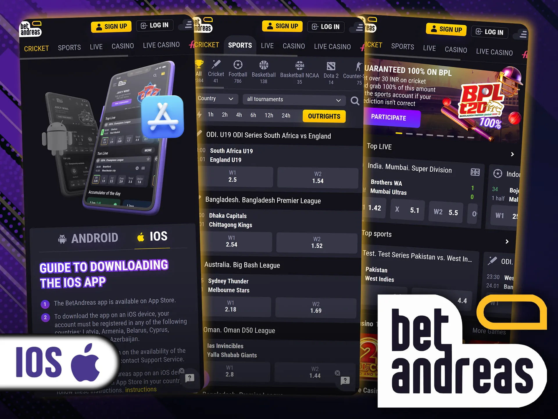 Bet on sports via the BetAndreas mobile app for iOS.