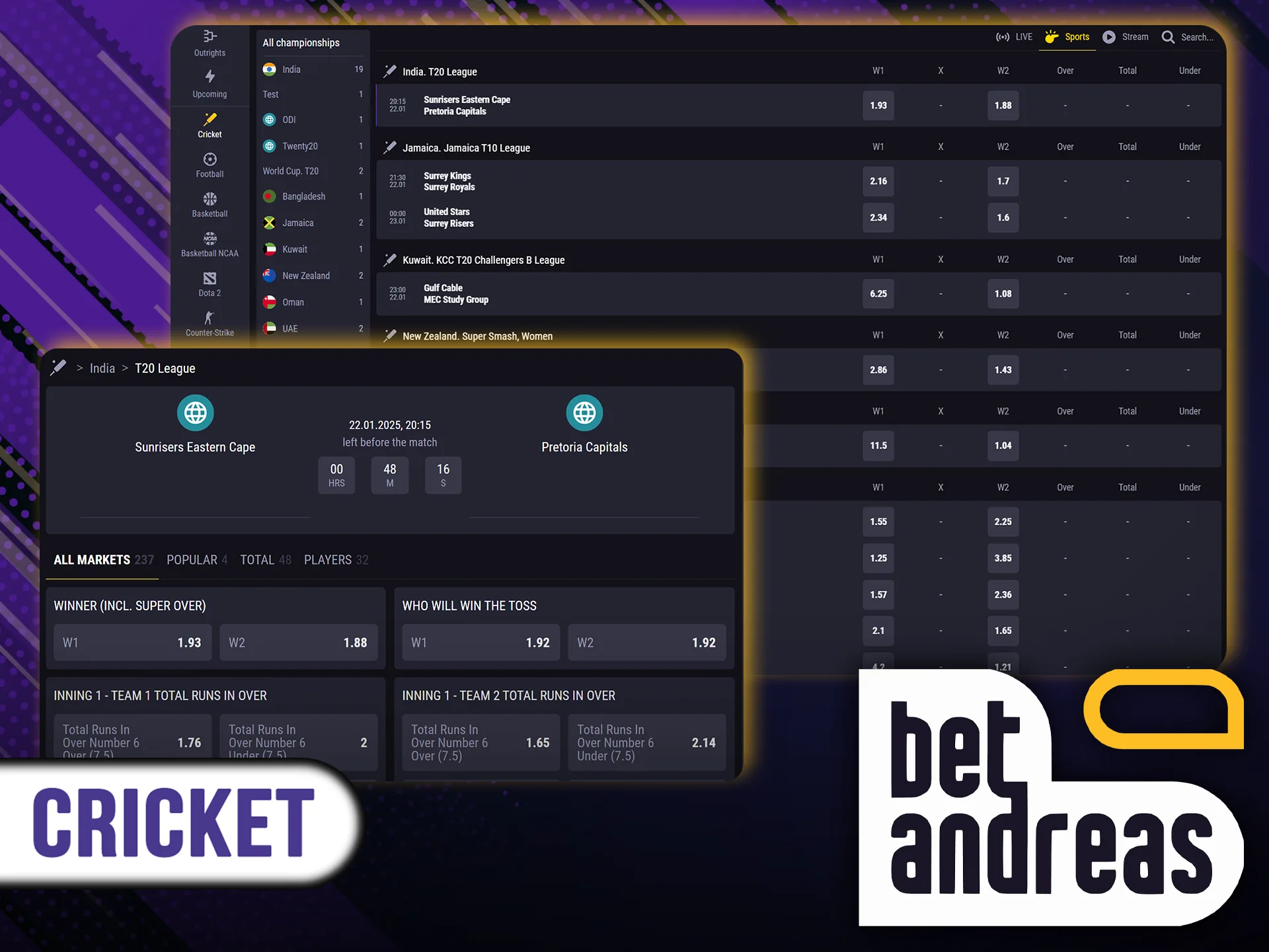 Bet on your favorite cricket tournaments with BetAndreas.