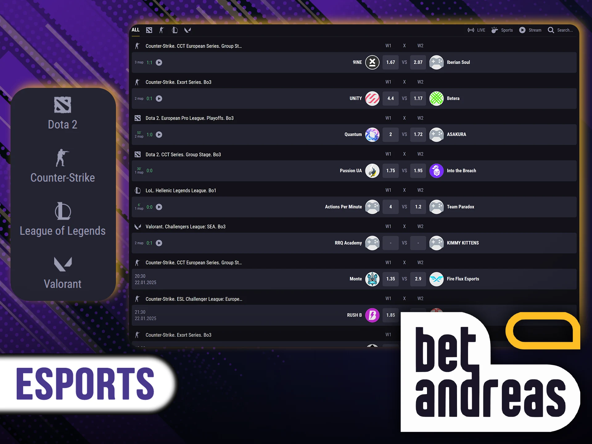 Watch esports tournament matches with BetAndreas.